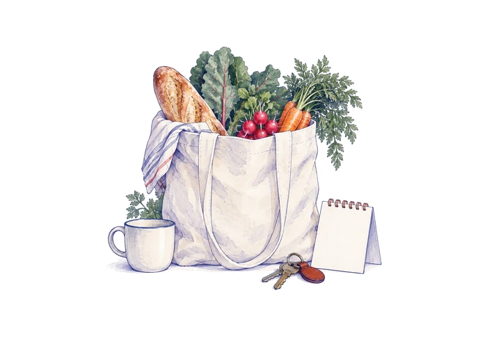 Сумка с продуктами, ключи, чашка и пустая календарная карточка